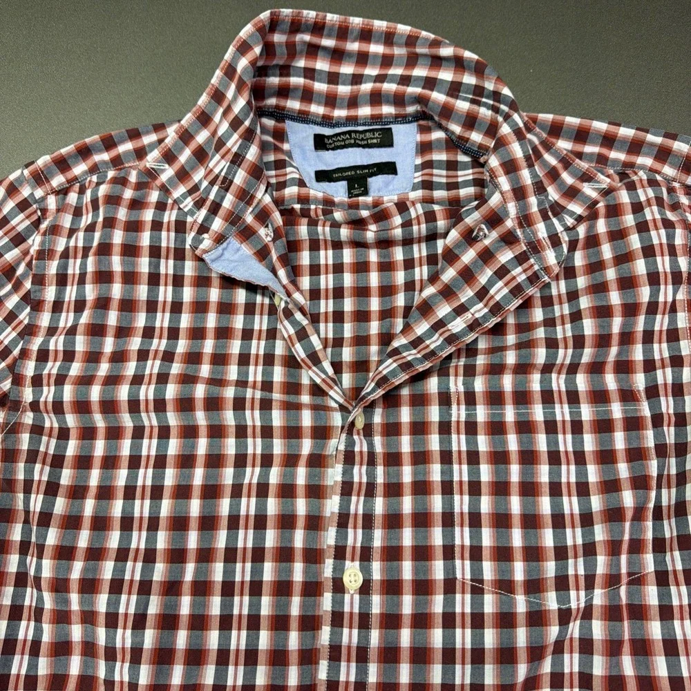 Banana Republic Custom 078 Wash Shirt Large‎ Tailored Slim Fit Plaid Red Blue